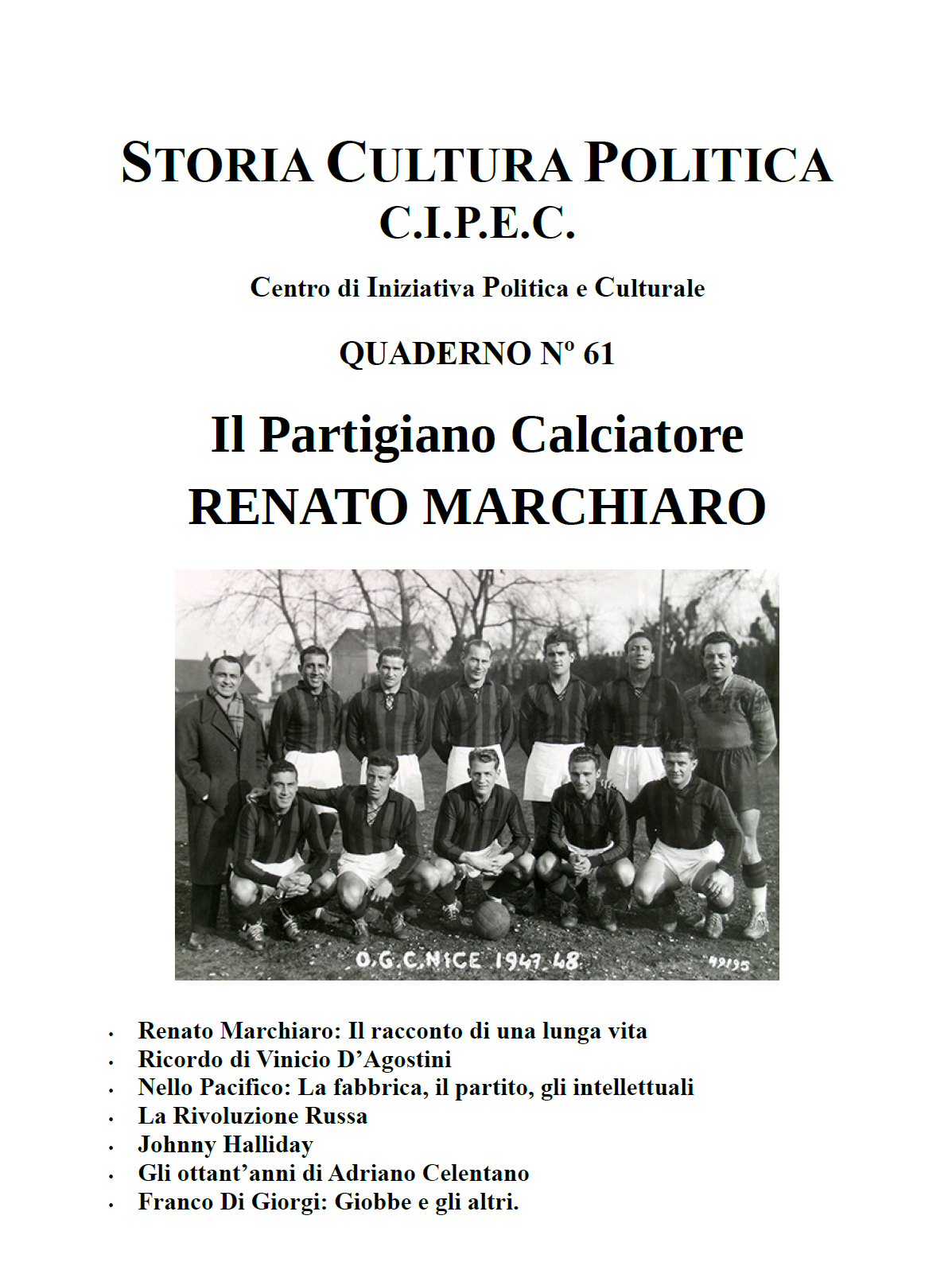 Copertina del Quaderno CIPEC Numero 61, Renato Marchiaro partigiano calciatore